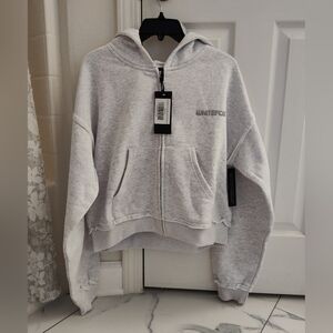 White Fox Boxy Zip Front Hoodie Grey Marle S/M
